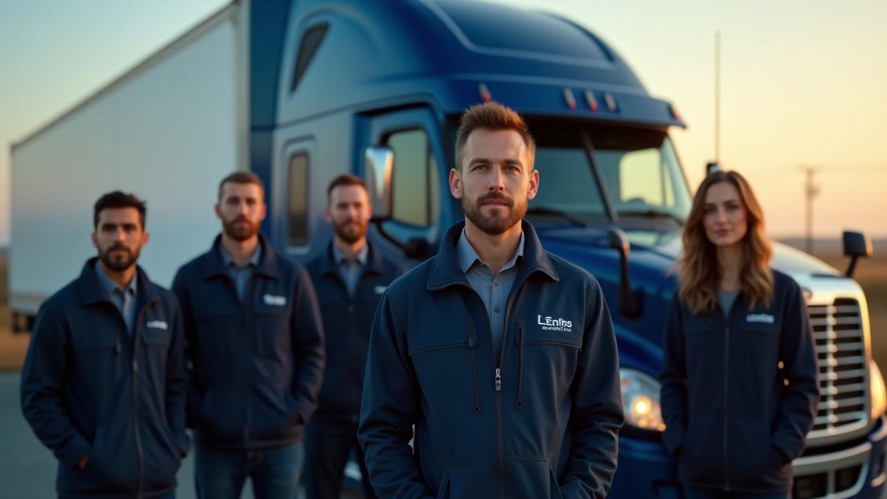 T&T Trucking leadership team standing confidently in front of a modern heavy-duty transport truck in Herkimer, NY