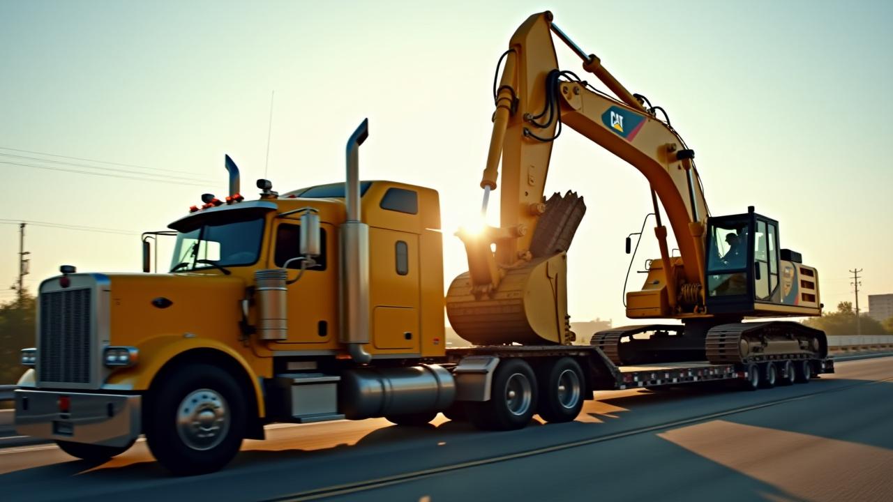 Large yellow excavator being loaded on T&T Trucking lowboy trailer