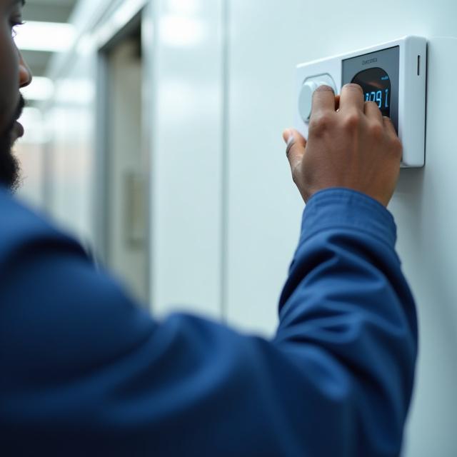 A T&T Trucking specialist inspecting the digital control panel of a refrigerated trailer