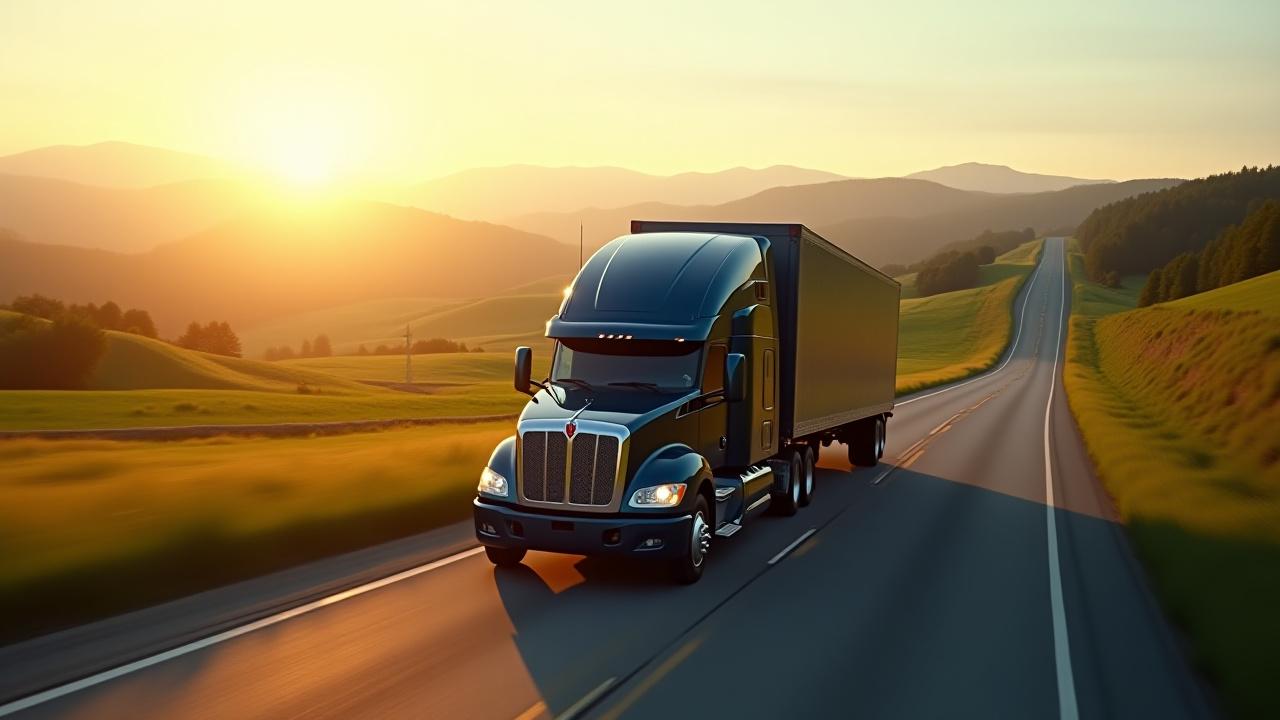 T&T long-haul truck navigating an upstate New York scenic route during golden hour
