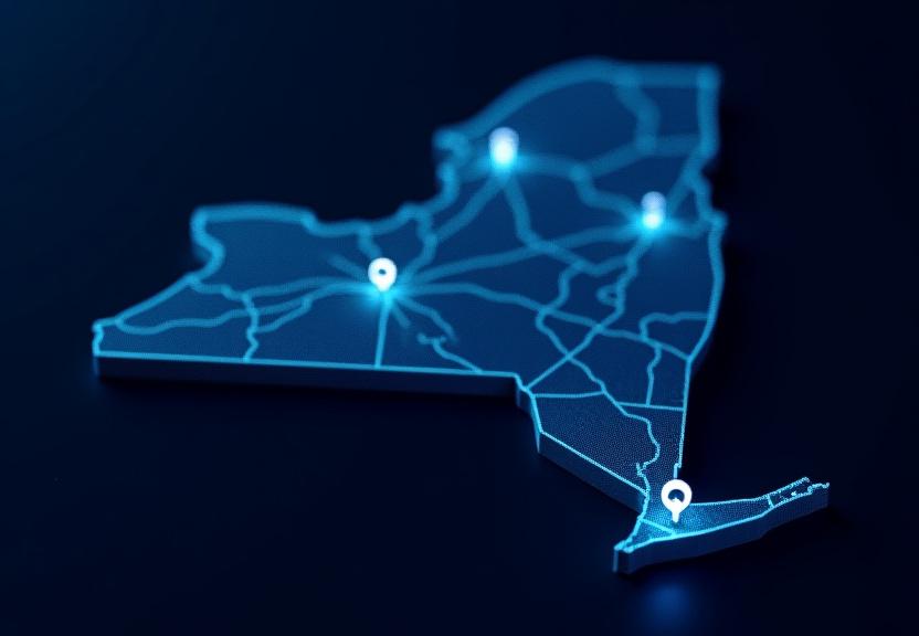 Map of T&T Trucking service lanes throughout New York State including NYC and Buffalo